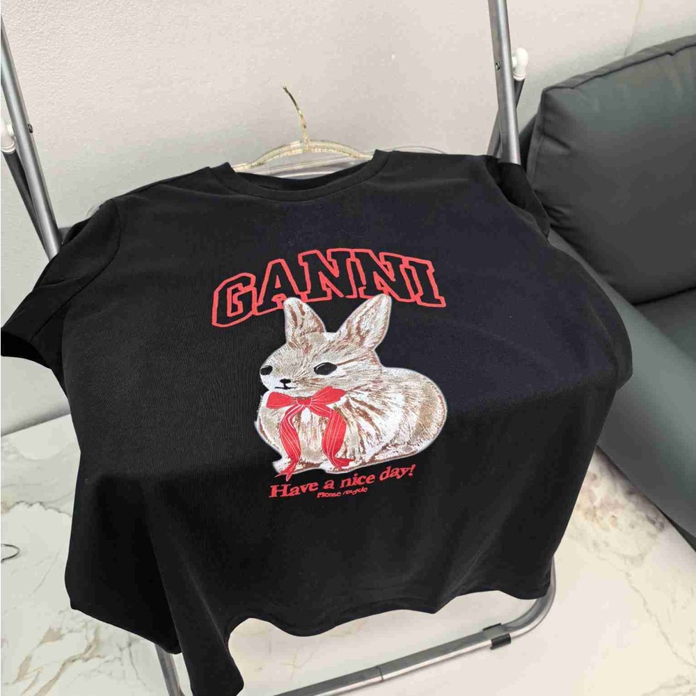 Ganni Black Tee with Red Logo and Bunny Graphic Have a Nice Day Tee - Picture 2 of 6